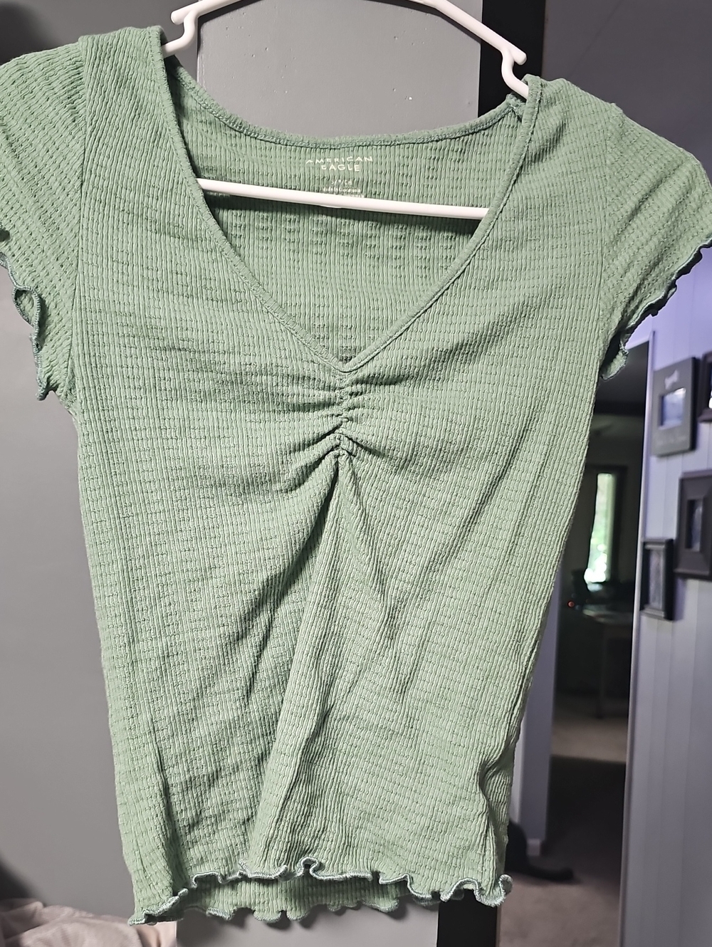 American Eagle Outfitters Sage Green Ruched V-Neck Short Sleeve Top